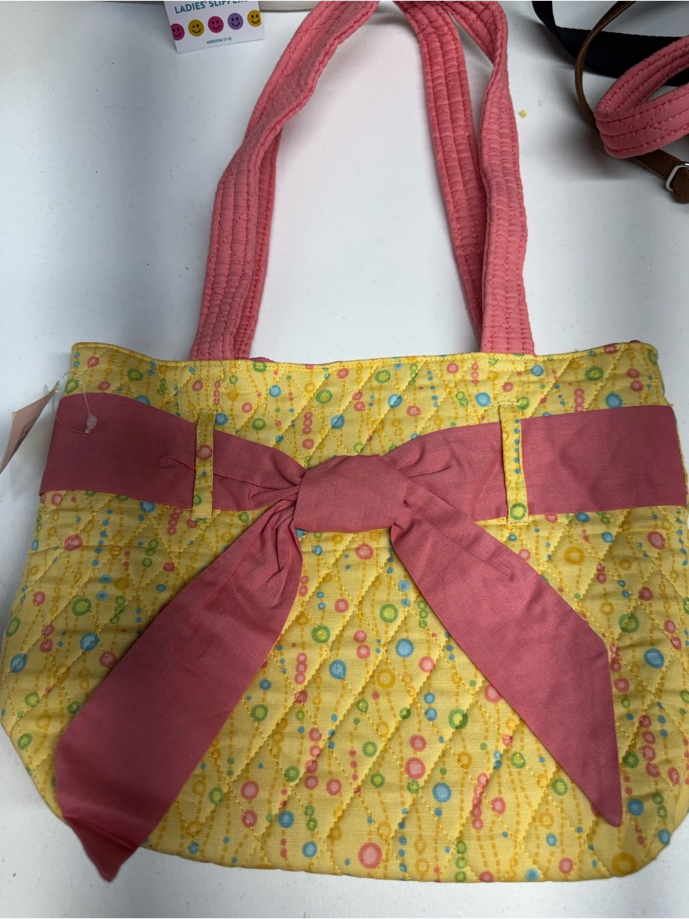 Pink Bow Quilted Yellow Tote